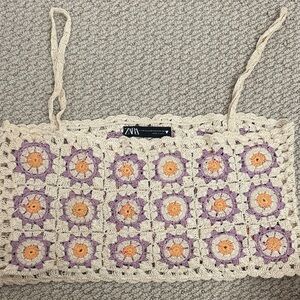 ZARA Cream Crochet Shoulder Bag with Purple and Orange Floral Motifs